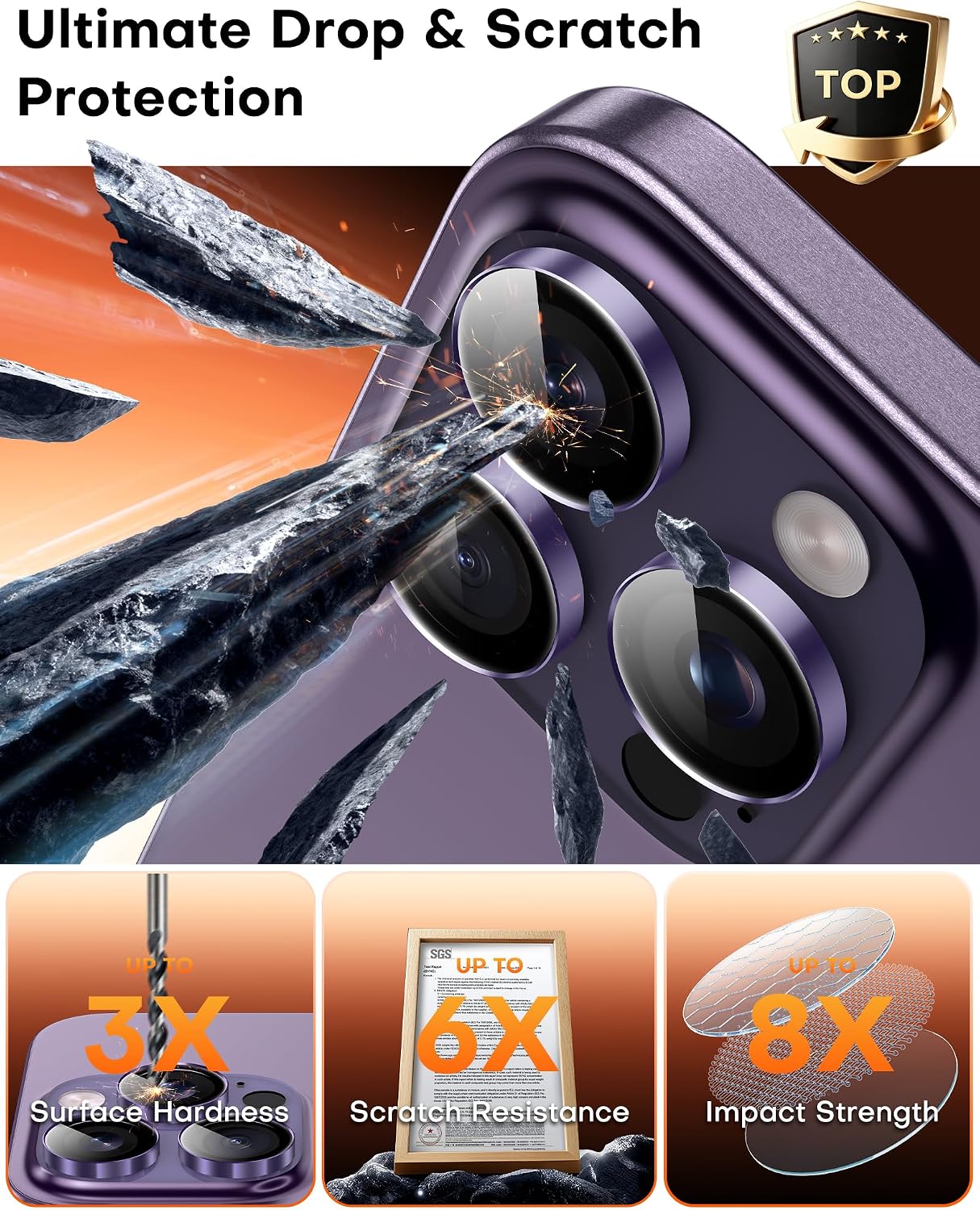 Thumbnail 3 de TOCOL Camera Lens Protectors for iPhone 14 Pro Max / iPhone 14 Pro — Individual Tempered Glass, Night Shooting Support, Midnight Purple