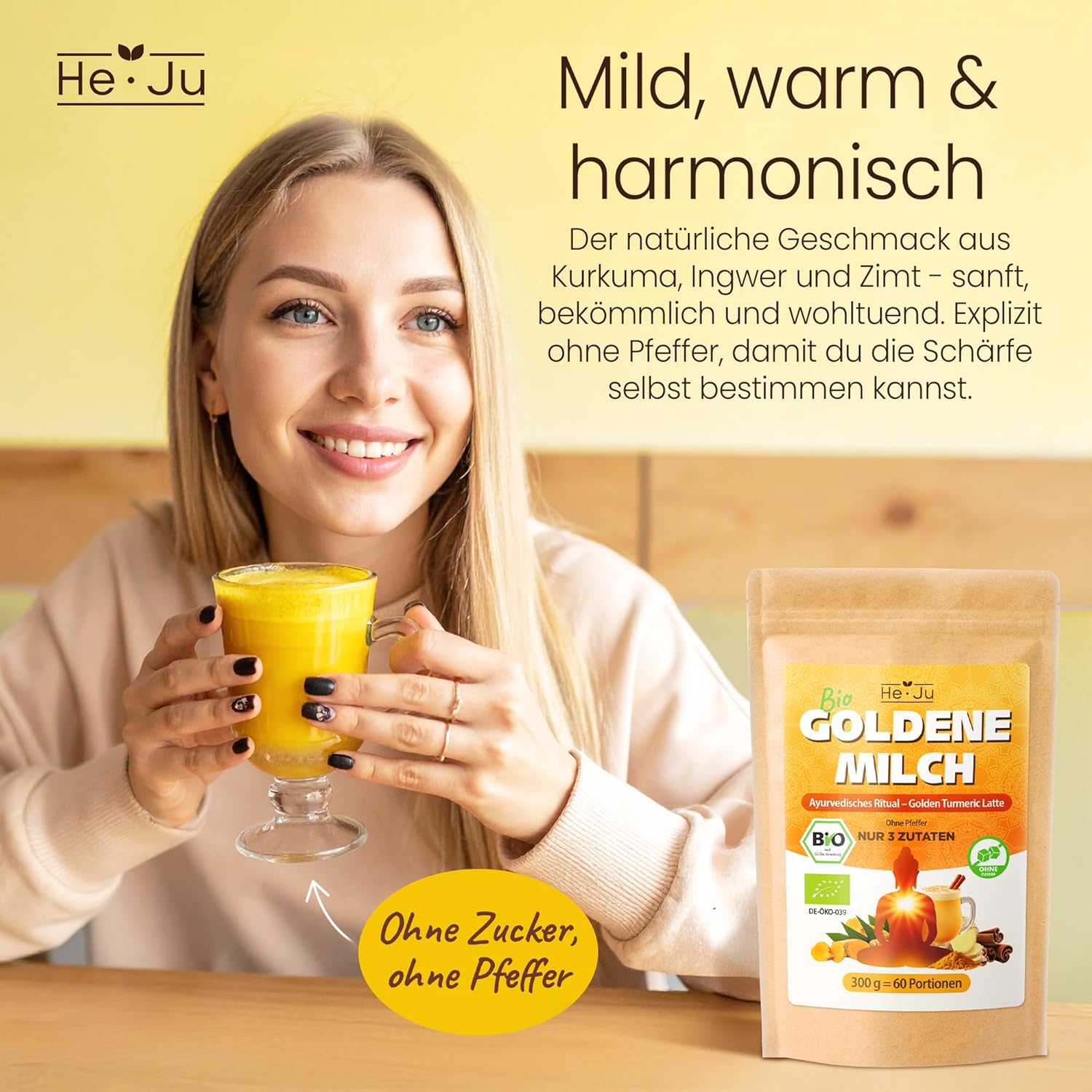 Thumbnail 5 de He-Ju Bio Goldene Milch Pur 300 g (60 Portionen) – Kurkuma, Ingwer & Ceylon Zimt, ohne Pfeffer und ohne Zucker