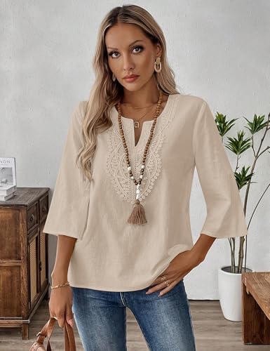Thumbnail 2 de Rapbin Women's Tops 3/4 Sleeve Cotton Linen V-Neck Boho Lace Blouse