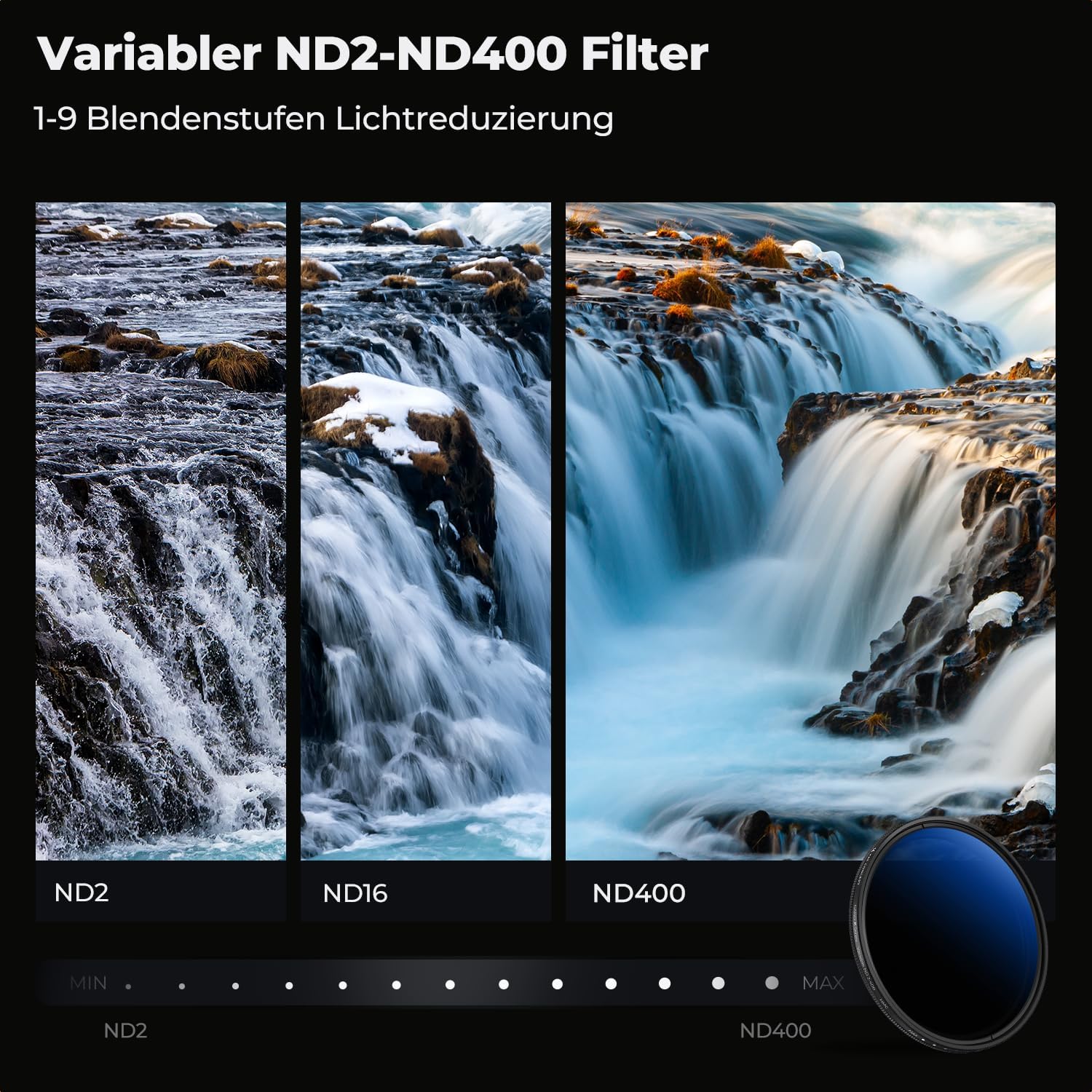 Thumbnail 2 de K&F CONCEPT ND2‑400 variabler ND Filter 77mm