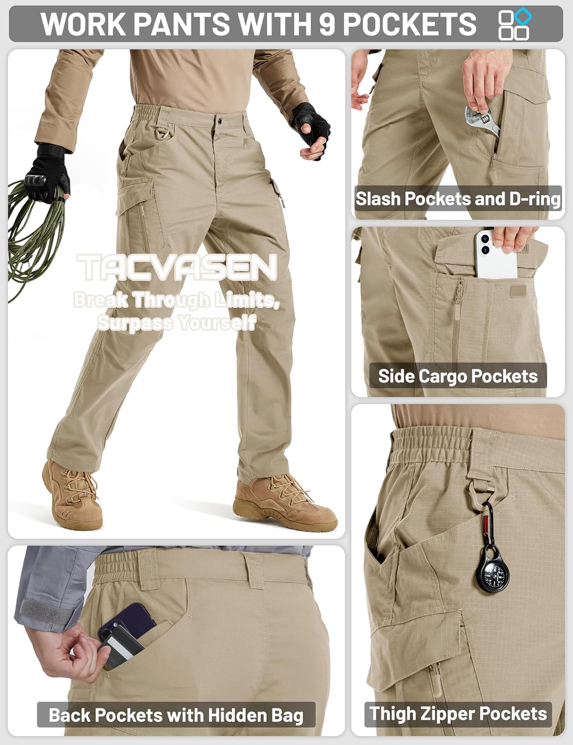 Detalle 2 de TACVASEN Tactical Cargo Pants for Men, 9 Pockets