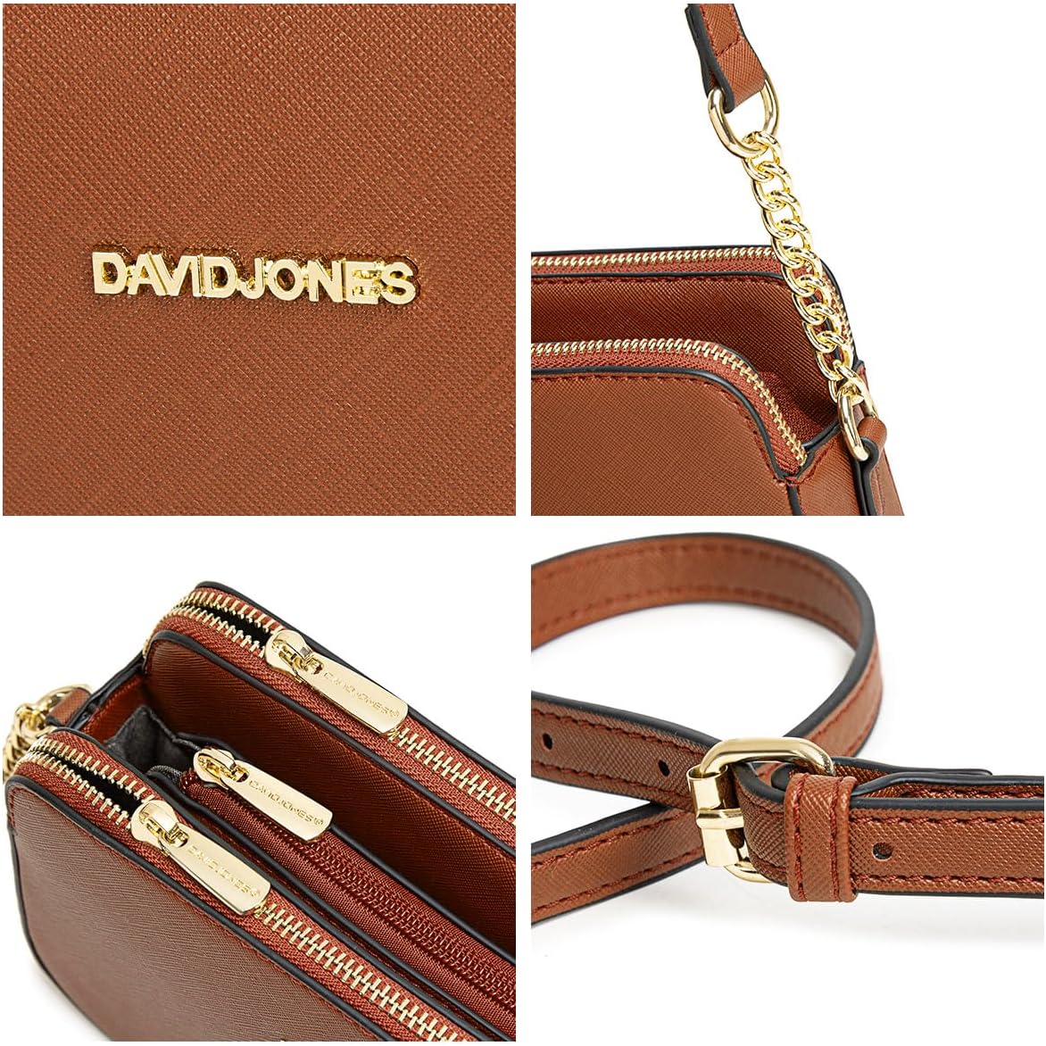Thumbnail 4 de Petit sac bandoulière David Jones en cuir PU rigide marron cognac – pochette téléphone à chaînes, 3 compartiments