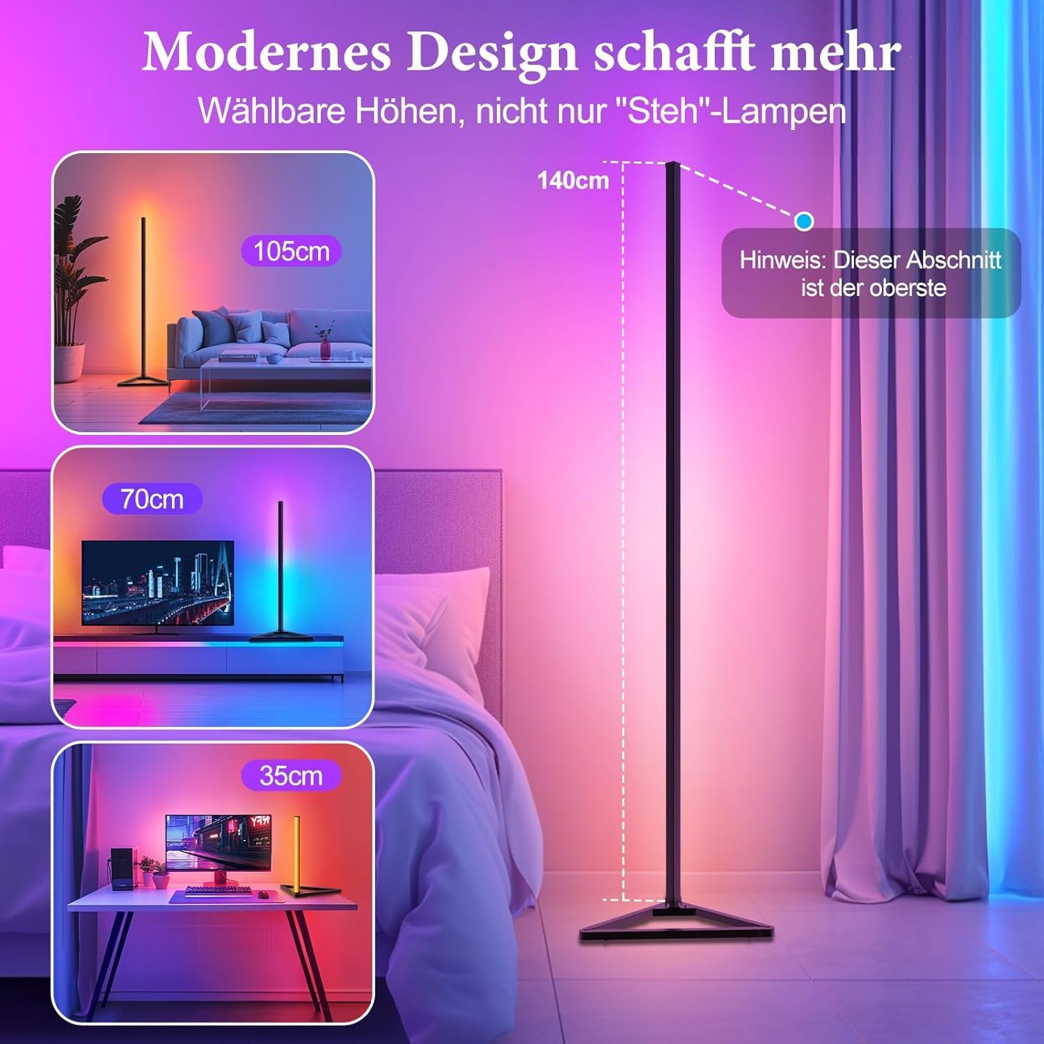 Thumbnail 6 de LED Stehlampe fürs Wohnzimmer dimmbar, 140 cm abnehmbar – RGBIC mit App, 16 Mio. Farben & Musikmodus (schwarz, 2 Stück)