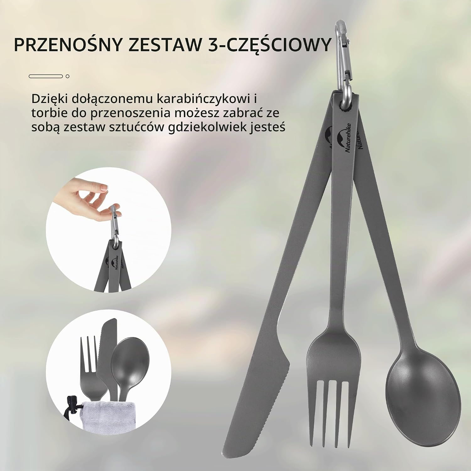 Detalle de Naturehike NH19T012-D – tytanowe sztućce turystyczne z etui i karabińczykiem