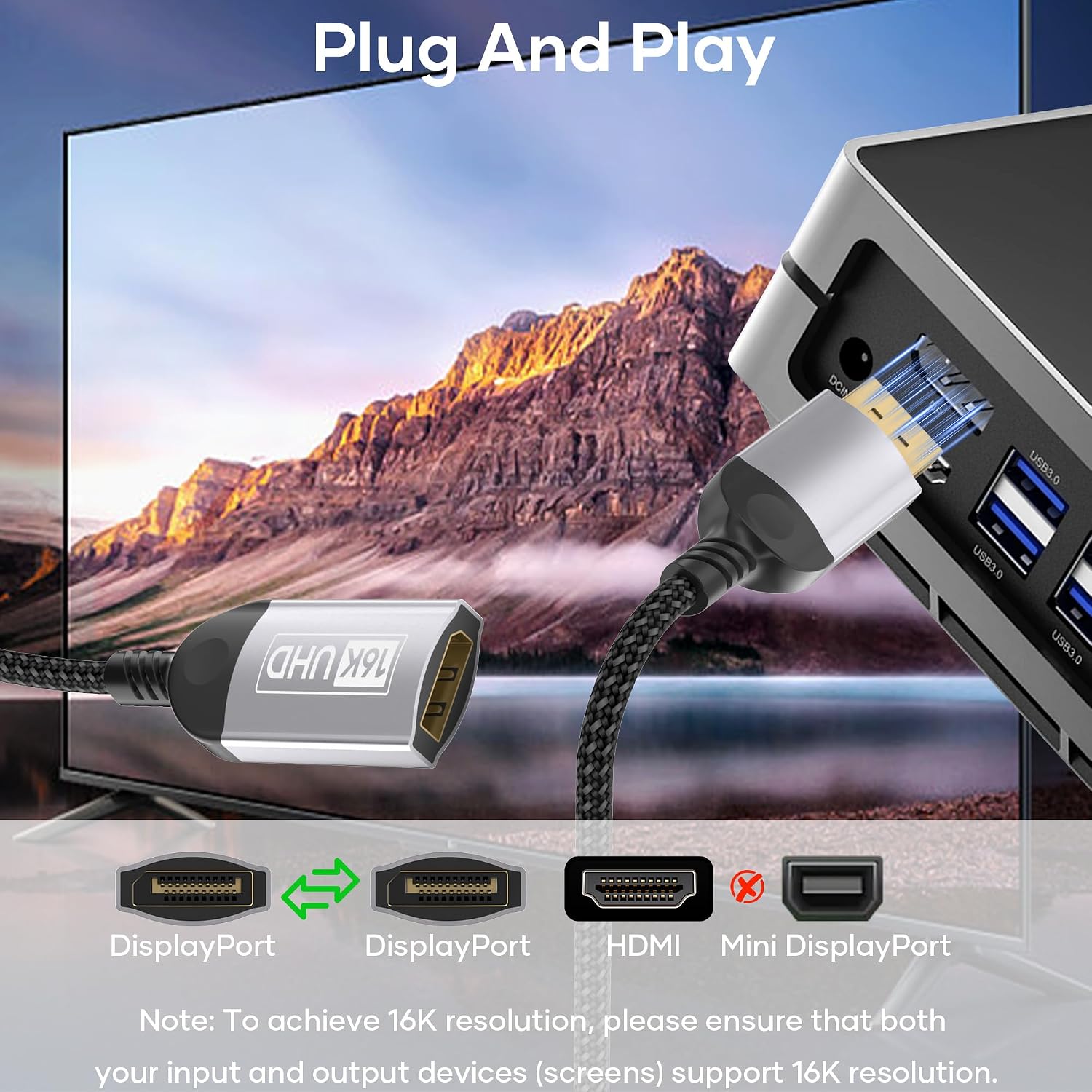 Thumbnail 3 de lalasis 16K DisplayPort 2.1 Extension Cable, 0.2 m, 80 Gbps