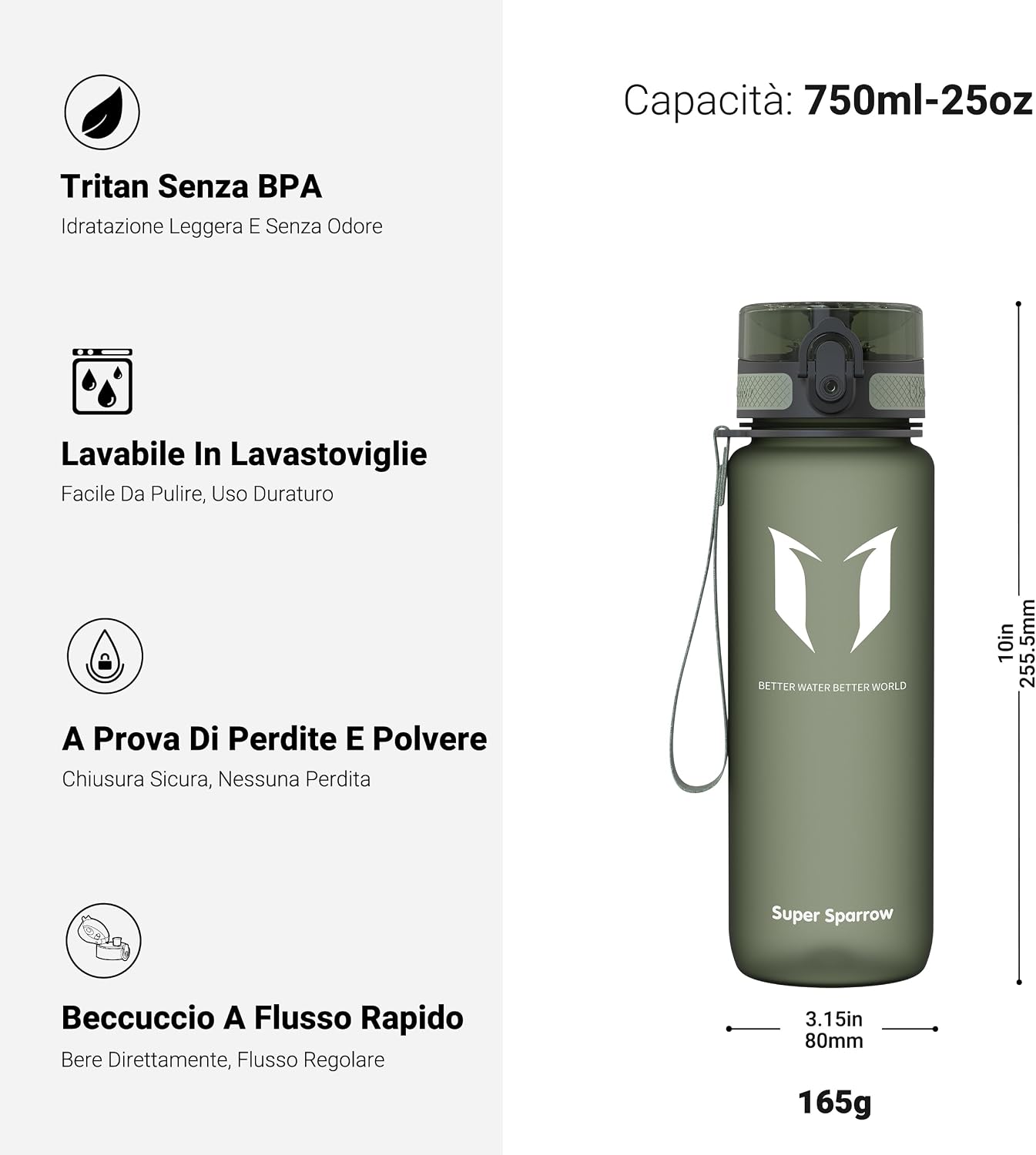 Detalle de Super Sparrow borraccia sportiva e bottiglia bambini senza perdite in Tritan BPA-free, 350 ml–1,5 L