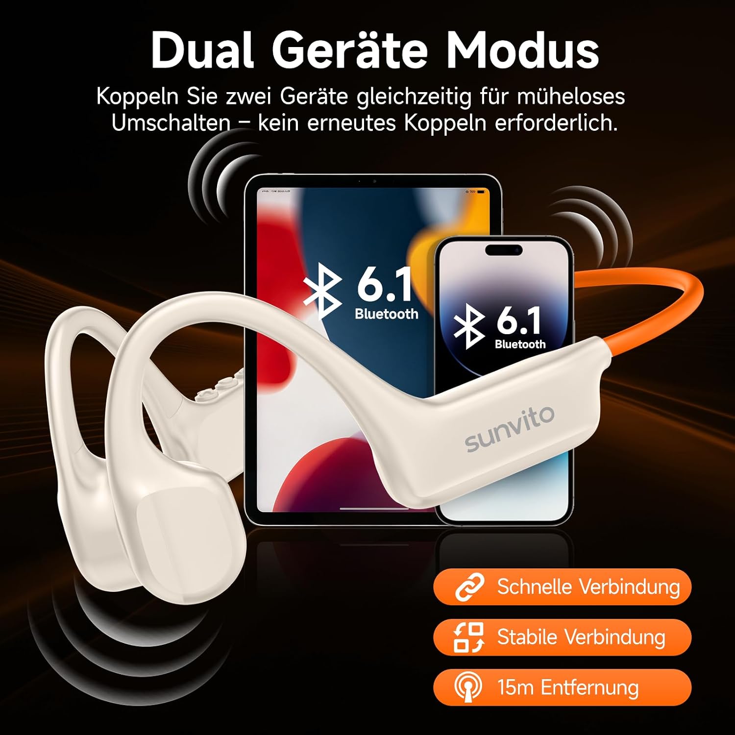 Thumbnail 6 de Sunvito Knochenleitung Kopfhörer Bluetooth 6.1 – Open-Ear, IPX7, 10 Std. Lauf-Headphones (Orange)