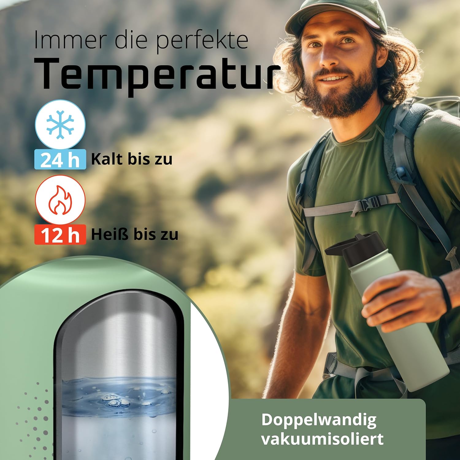 Thumbnail 3 de ACTIVE FLASK Edelstahl Trinkflasche – 680 ml, 3 Deckel, BPA-frei, auslaufsicher, Kohlensäure geeignet