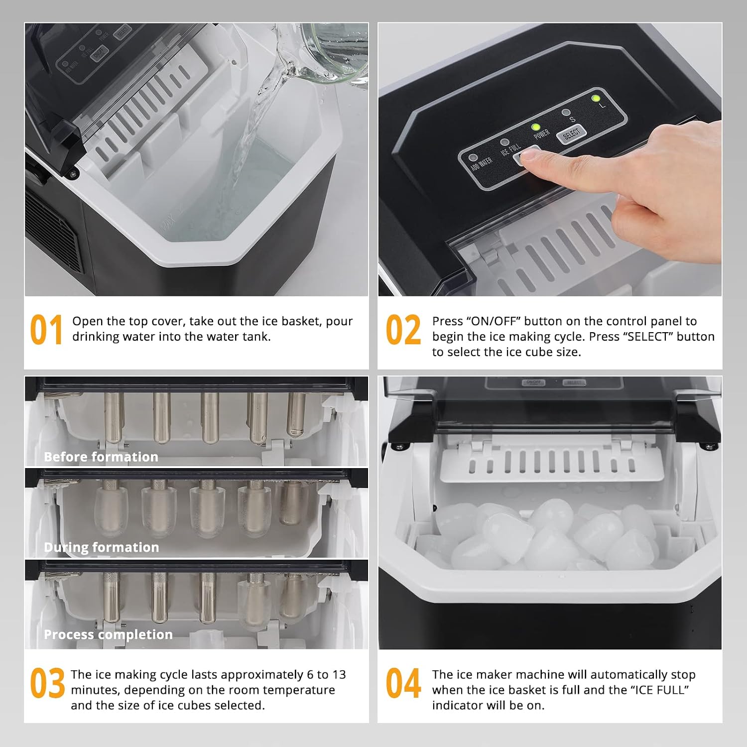 Thumbnail 5 de Máquinas para Hacer Hielo Portátil Negro Vpcok Direct (12 kg/24h, 1,5 L) — 2 tamaños de cubitos y autolimpieza
