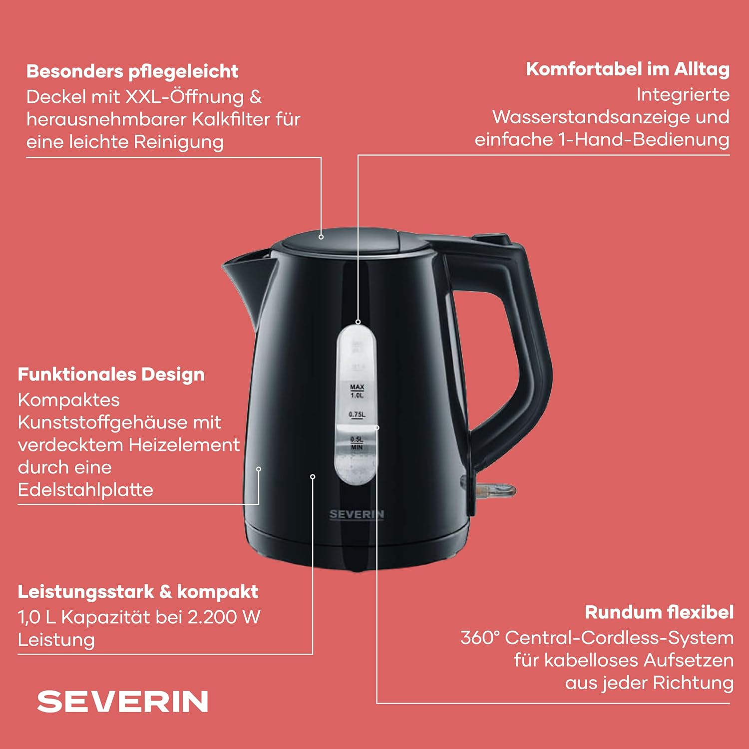 Detalle de SEVERIN Wasserkocher WK 3410 – kabellos, 1,0 L, 2200 W, schwarz