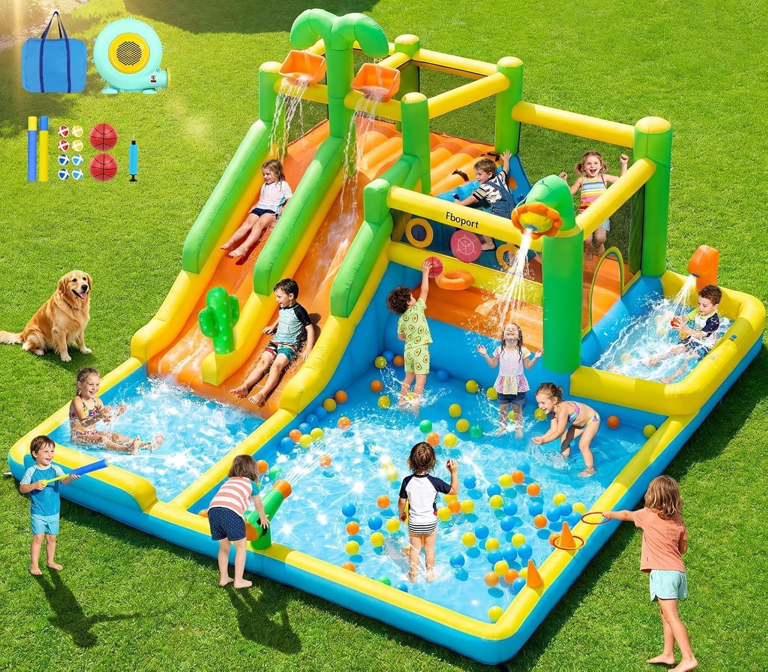 Detalle de FBSPORT Inflatable Bounce House Double Water Slide with Splash Pool and 750W Blower