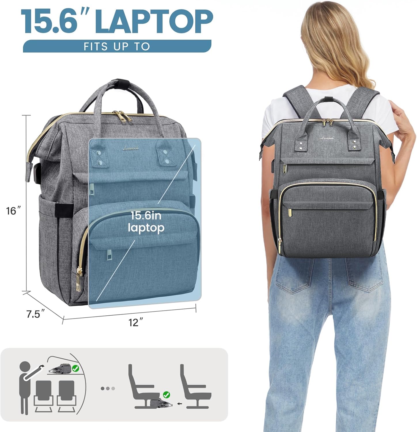 Detalle de LOVEVOOK Rucksack Damen Schulrucksack mit USB-Ladeanschluss – wasserdichter Laptoprucksack (dunkelgrau)