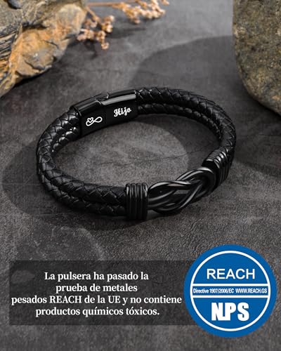 Detalle 2 de VU100 Pulsera de cuero para hijo con palabra “Hijo” y cierre magnético