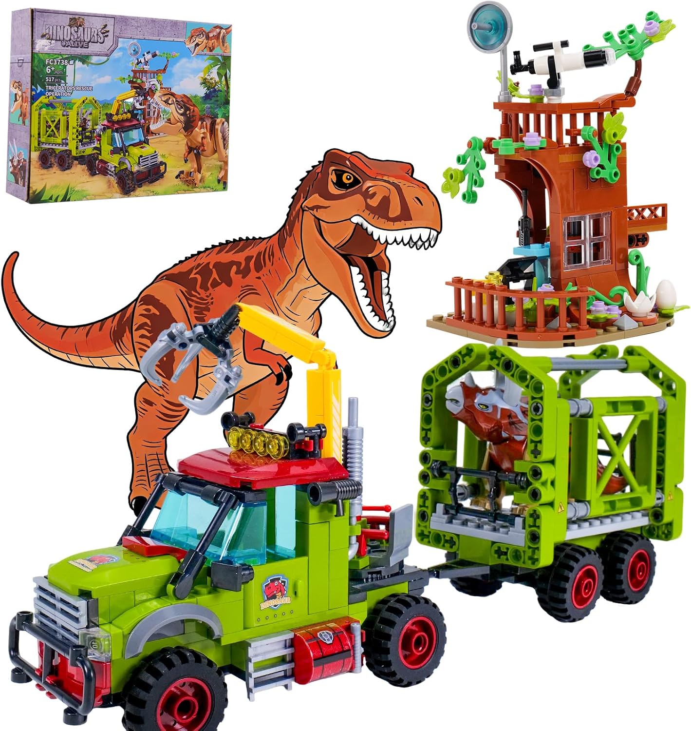 Detalle de Jurassic Dinosaur Ideas Building Set – 517-piece STEM Construction with T-Rex, Triceratops, and Jungle Observatory