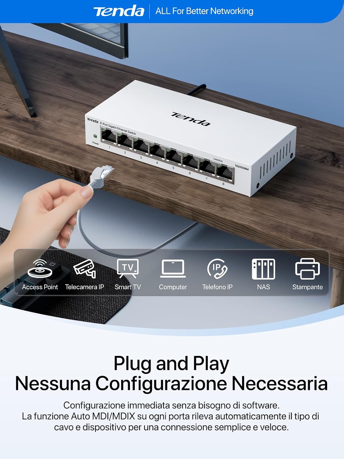 Detalle de Tenda Switch Ethernet 8 Porte Gigabit Unmanaged TEG1008M