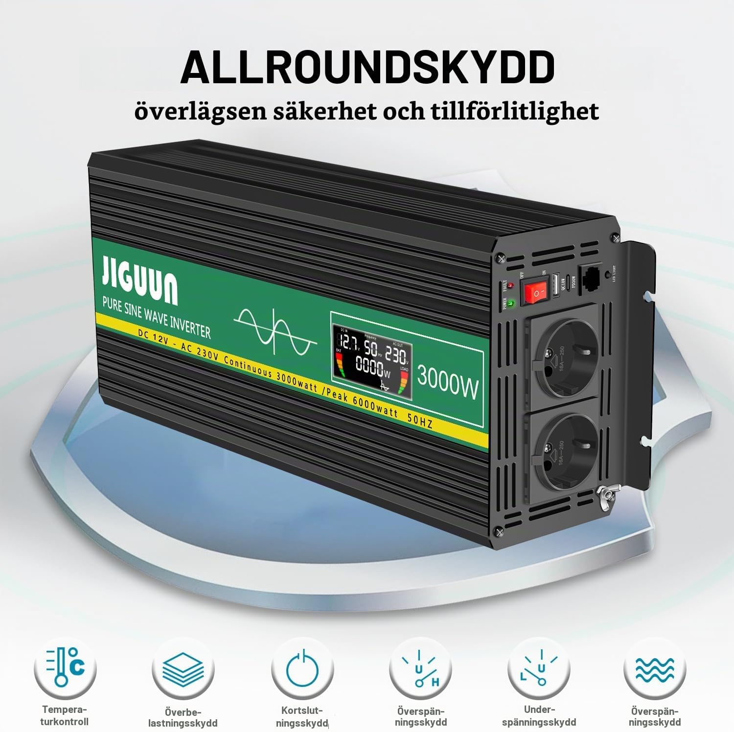 Detalle 1 de JIGUUN 3000W12V växelriktare med ren sinus, 230 V och fjärrkontroll