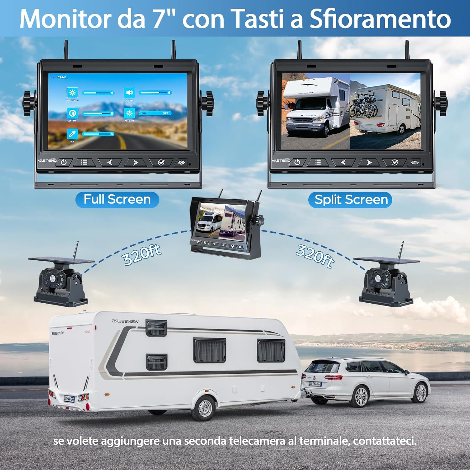 Detalle 2 de VASTEND Retrocamera Solare Wireless con Monitor da 7'' 1080P per Camper, Roulotte e Auto