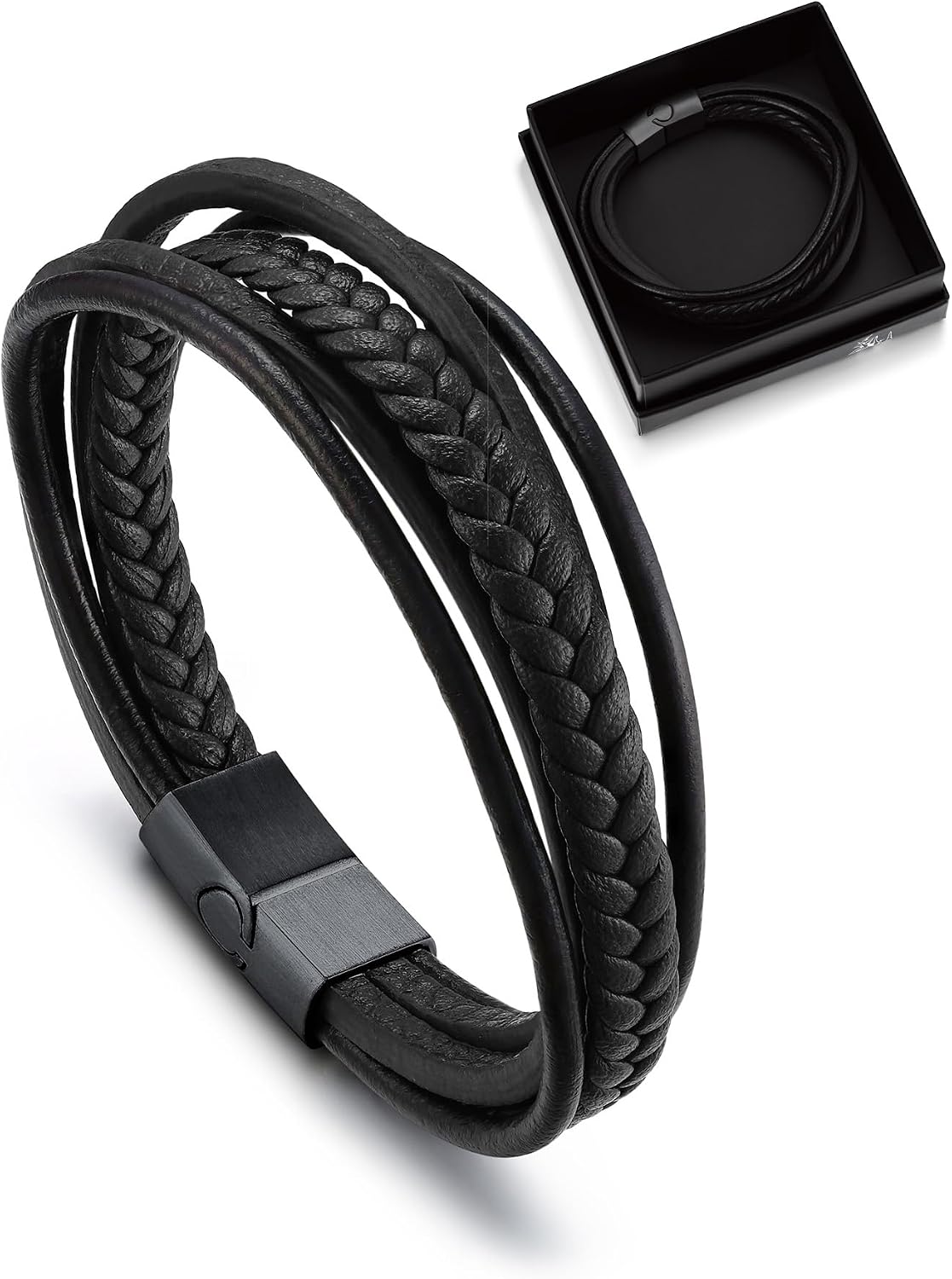 Detalle de Bandmax Bracelet Homme Cuir Tressé Noir/Marron – Bracelet Multi-Rang Tissé avec Fermoir Magnétique, 3 Longueurs Disponibles