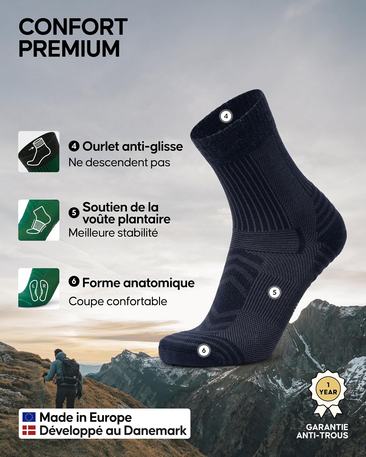 Detalle de DANISH ENDURANCE Chaussettes Mérinos chaudes 3/5 paires