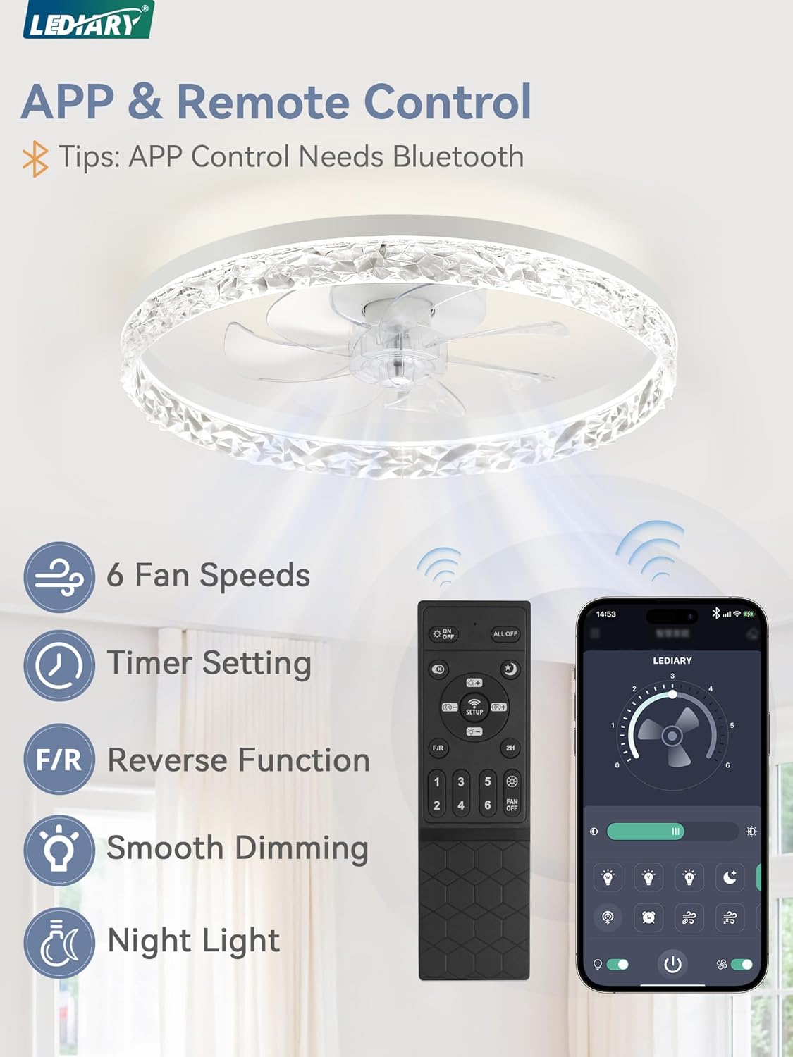 Detalle 2 de LEDIARY 20" Modern Ceiling Fan with Lights and Remote