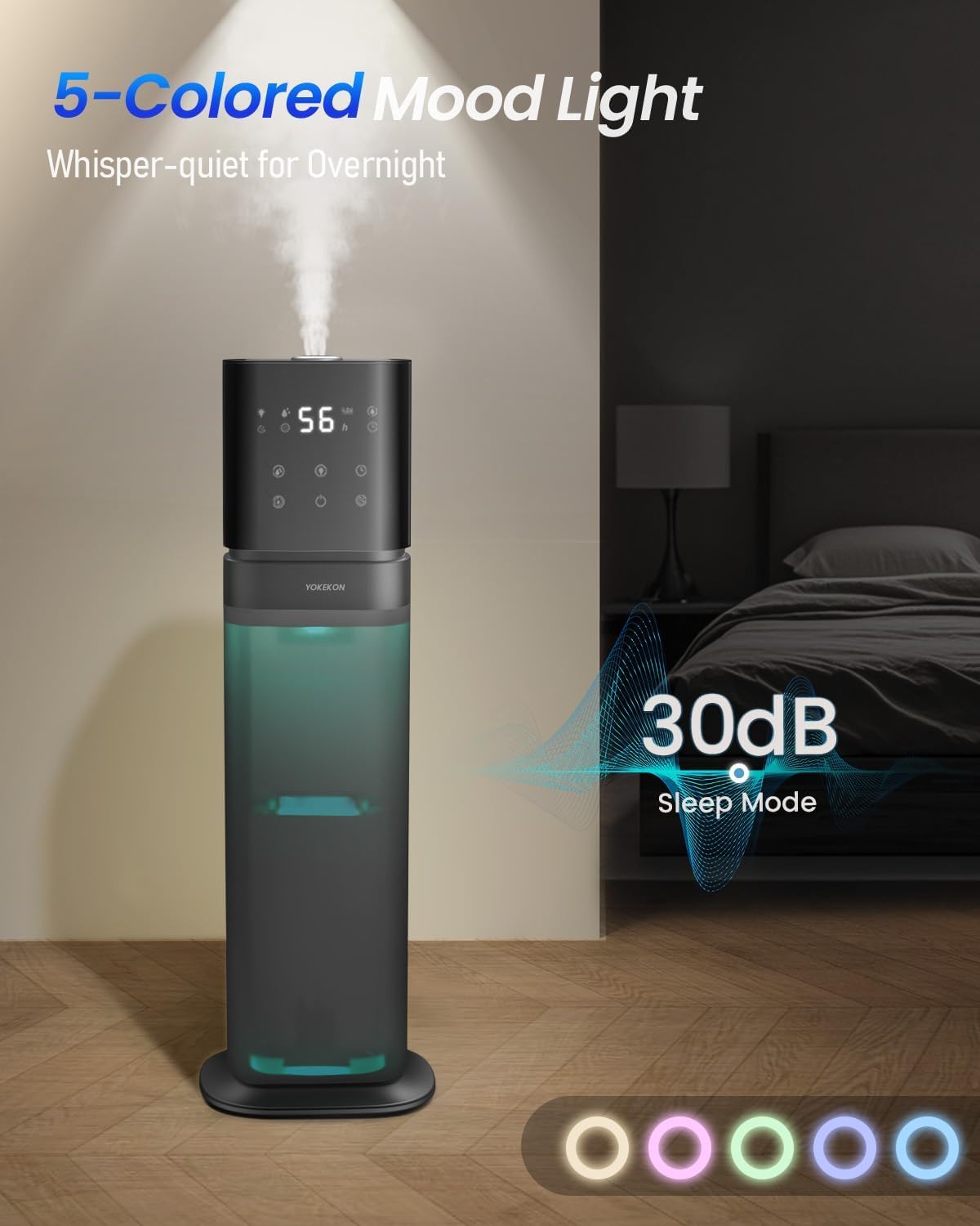 Detalle de YOKEKON 8L Cool Mist Humidifier for Large Rooms (Top Fill, 360° Nozzle, Essential Oil Tray, 5 LED Lights, 12H Timer) — Blue