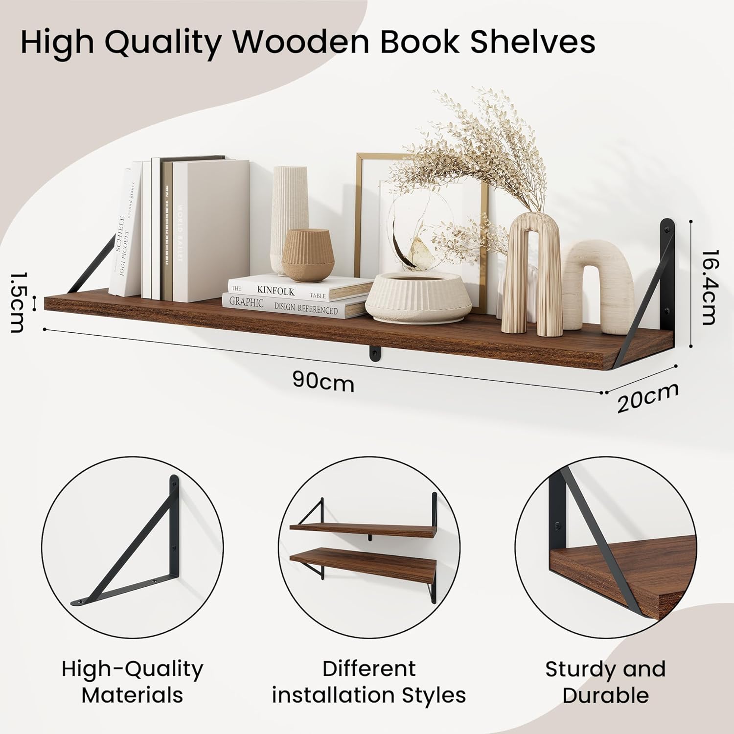 Thumbnail 2 de Feihorrm Floating Shelves Set of 3 – Walnut Wall Shelves, 90 x 20 cm