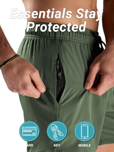 Detalle de Arcweg Badehose für Herren mit Kompression Liner 2 in 1 – atmungsaktiv, verstellbar, mit Reißverschlusstaschen (Militärgrün, M EU)