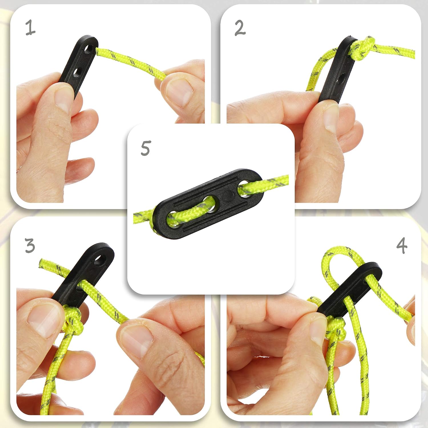 Detalle de COM-FOUR® 8x Corde per tiranti 4 m gialle riflettenti con fibbia – cavo per tenda, corda campeggio