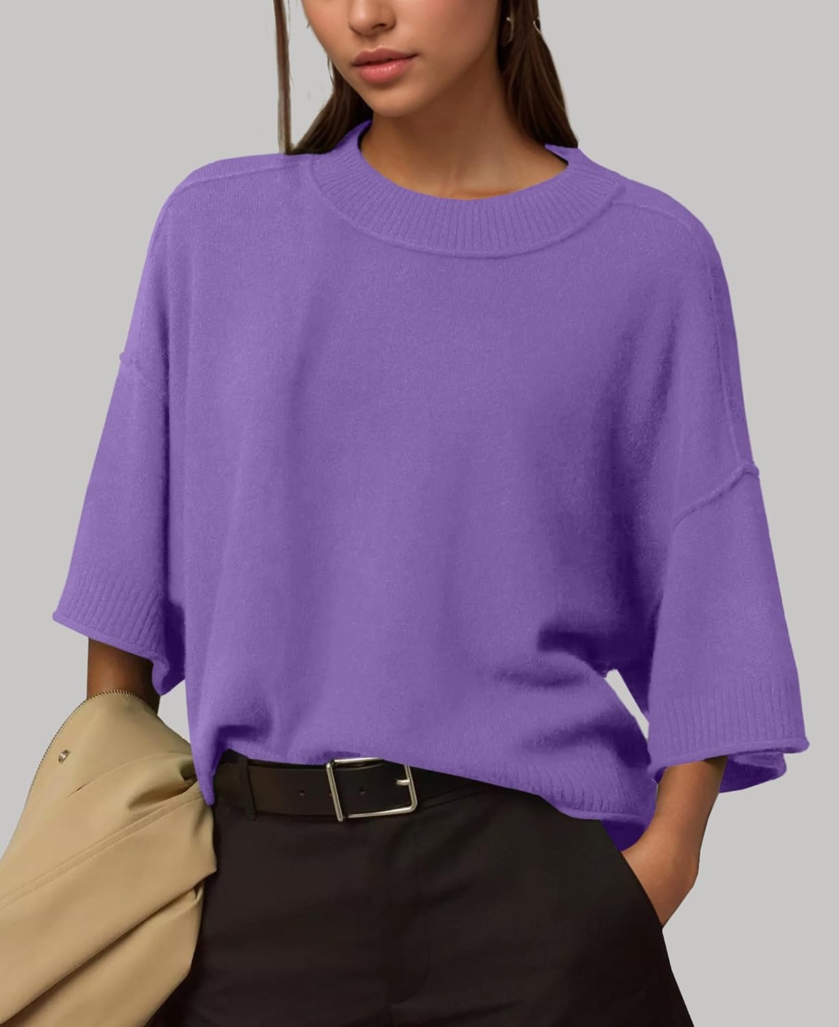 Detalle 2 de Women's Cropped Knit Pullover Sweater, Crew Neck, Loose Fit, Ribbed Trim