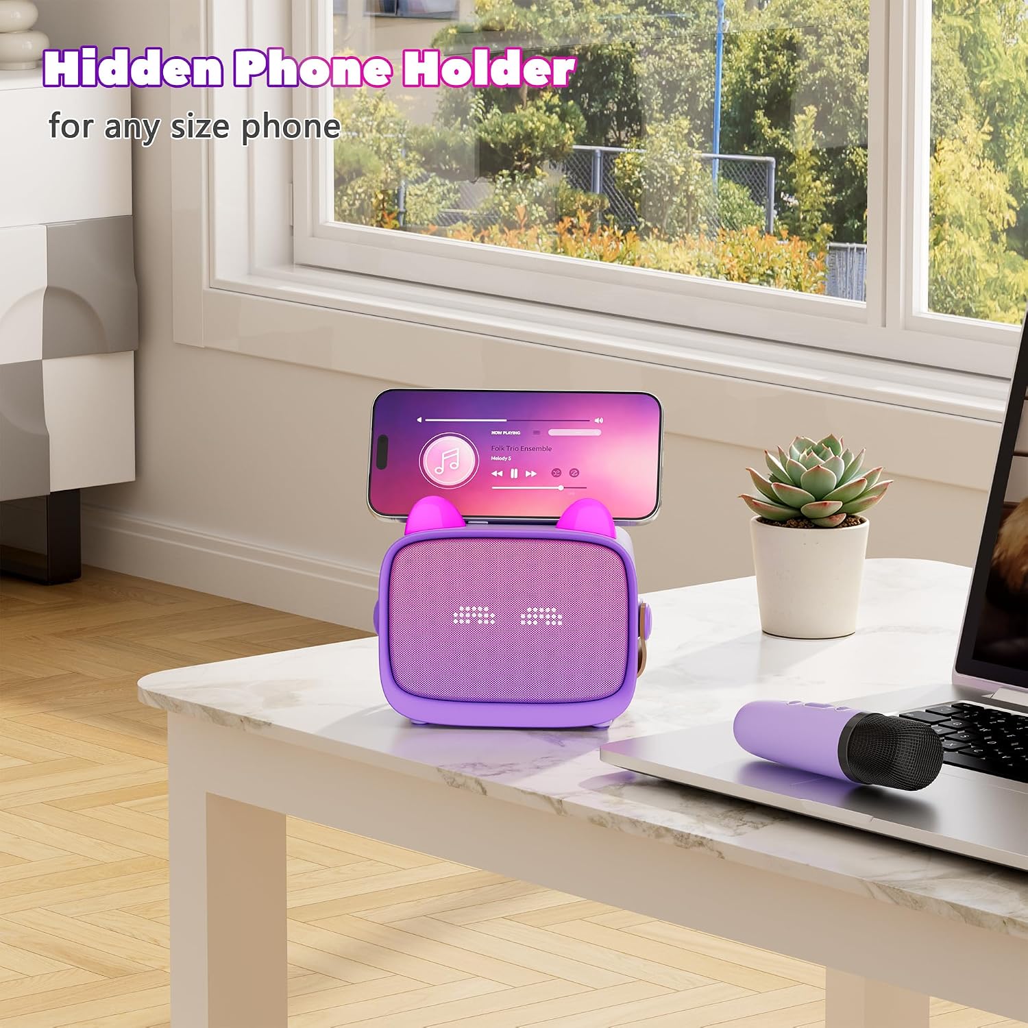 Thumbnail 6 de Mini Karaoke Machine for Kids, Portable Bluetooth Speaker with 2 Wireless Microphones (Purple)