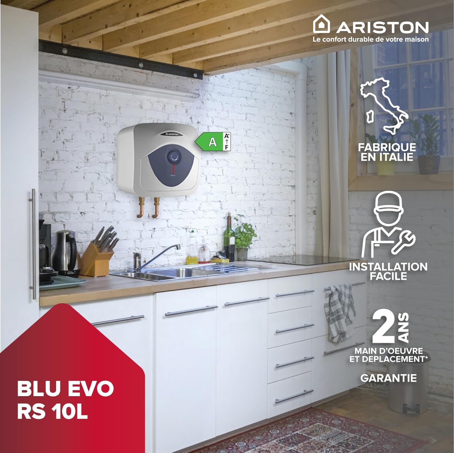 Detalle de Ariston Blu Evo RS – Chauffe-eau électrique sur évier, 10 litres, compact et facile à utiliser