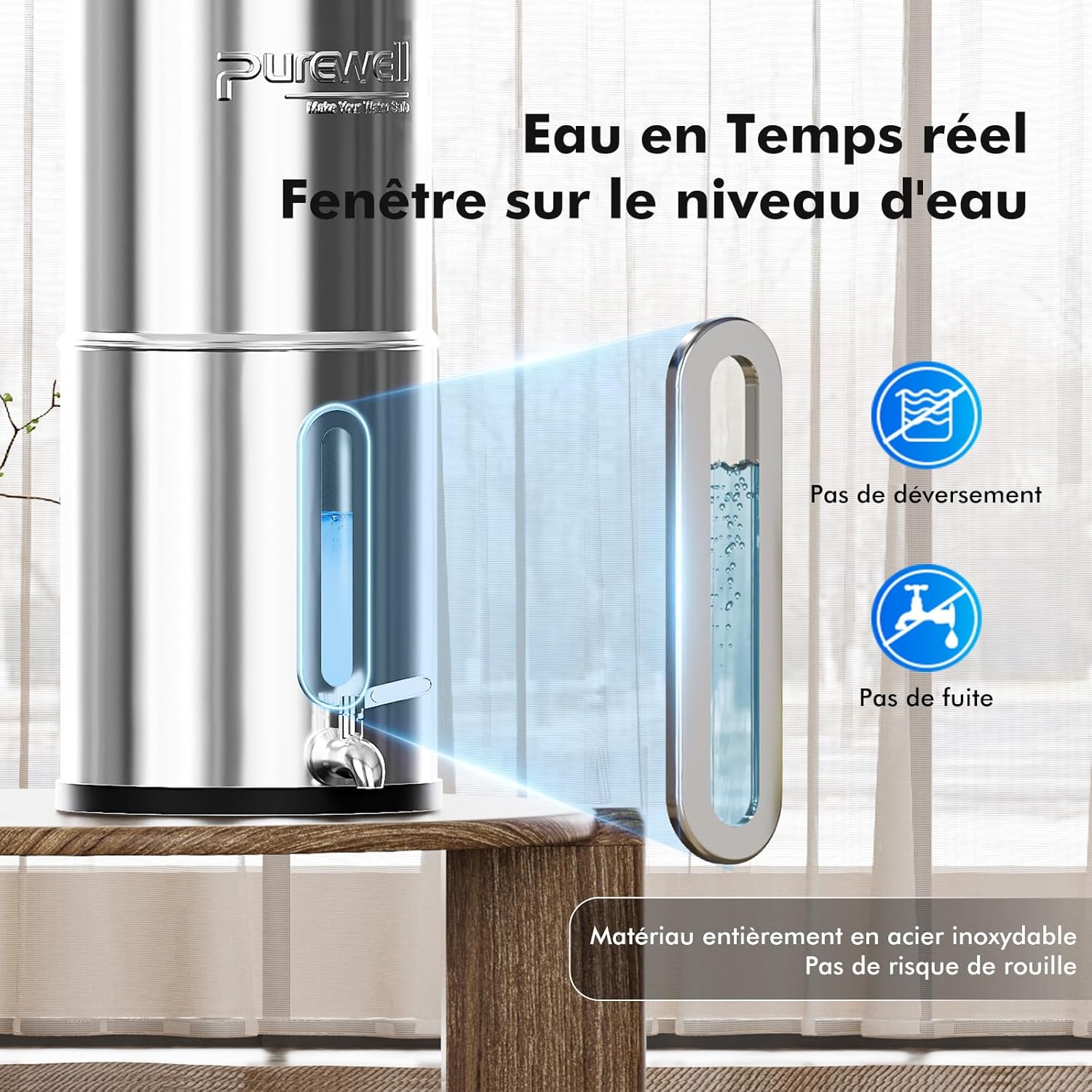 Thumbnail 5 de Purewell Filtre à Eau par Gravité 8,5L — Purificateur d'Eau UF, Charbon Actif et Ions d'Argent, acier 304, sans électricité