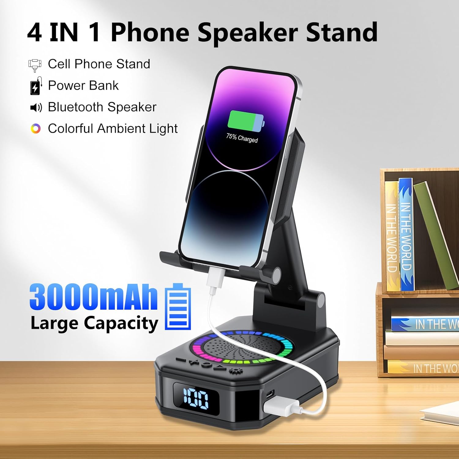 Detalle de Vatertagsgeschenk für Papa: 4-in-1 Bluetooth-Lautsprecher mit Handyhalter, 7 LED-Farben und USB-Ladefunktion