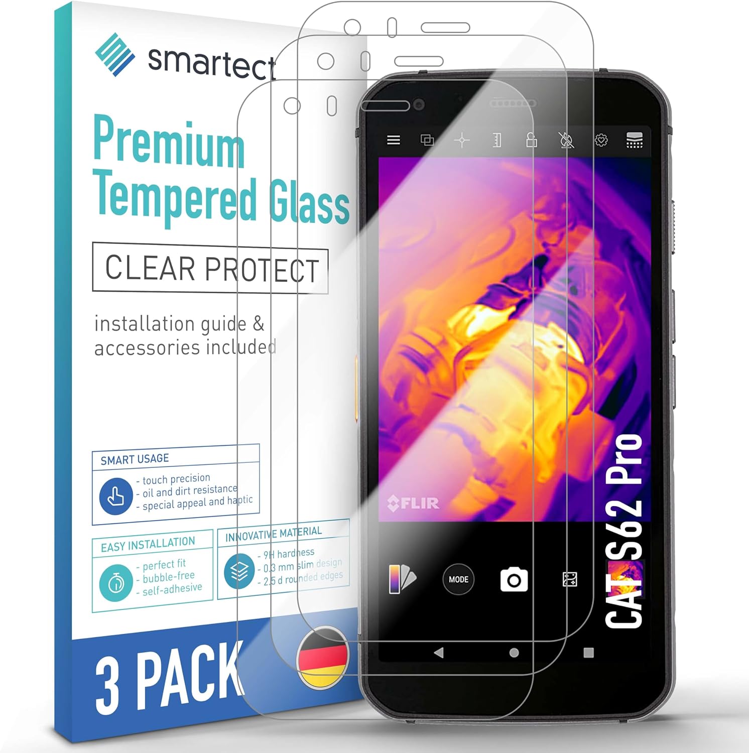 Detalle de SmarTect CAT S62 Pro Tempered Glass Screen Protector, 9H, 0.3 mm, 3 Pack
