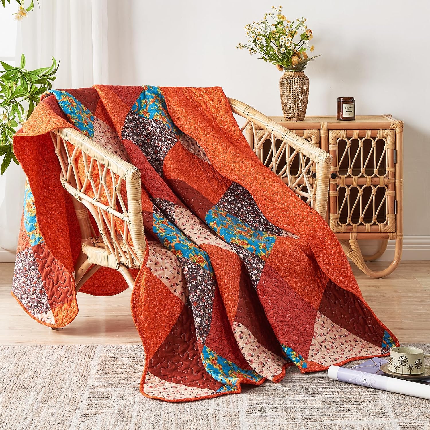 Detalle de Qucover Patchwork Couvre Lit et Dessus de Lit réversible 150x200 cm (1 personne) en boutis matelassé