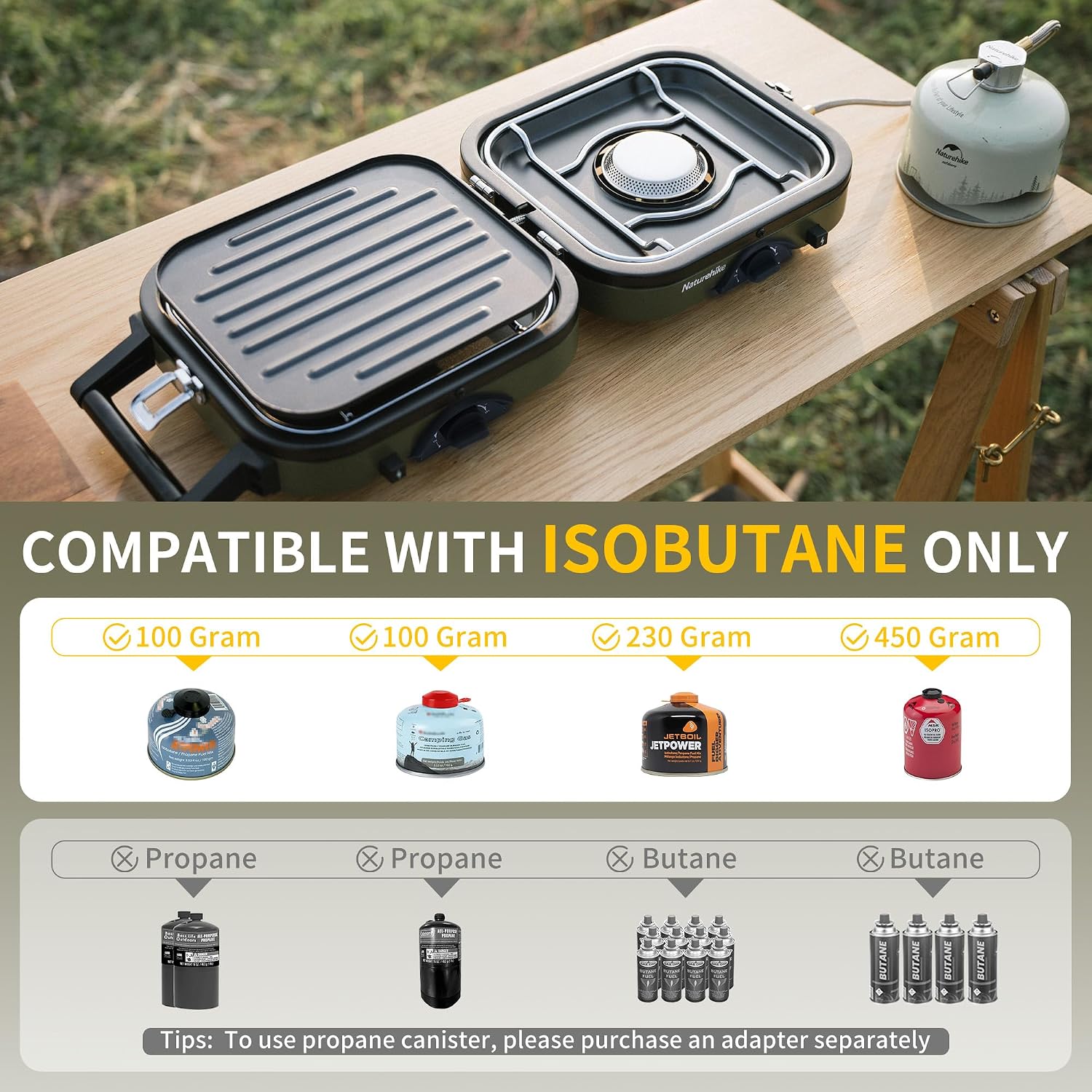 Detalle de Naturehike Foldable 2-in-1 Camping Gas Stove with Grill Plate and Two Burners