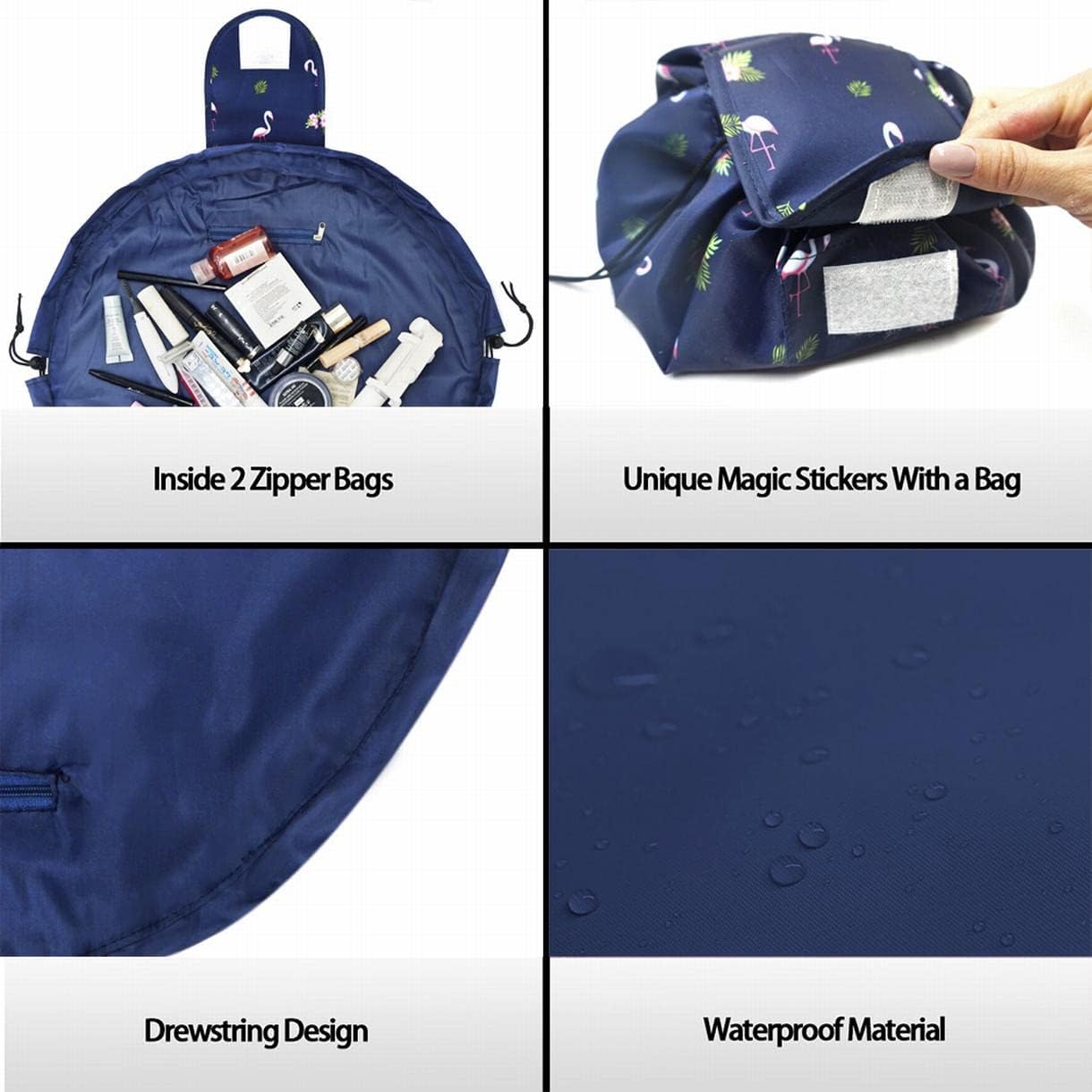 Detalle de Vavabox Lazy Drawstring Makeup Bag (Large Capacity) – Waterproof Navy Flamingo Travel Cosmetic Pouch