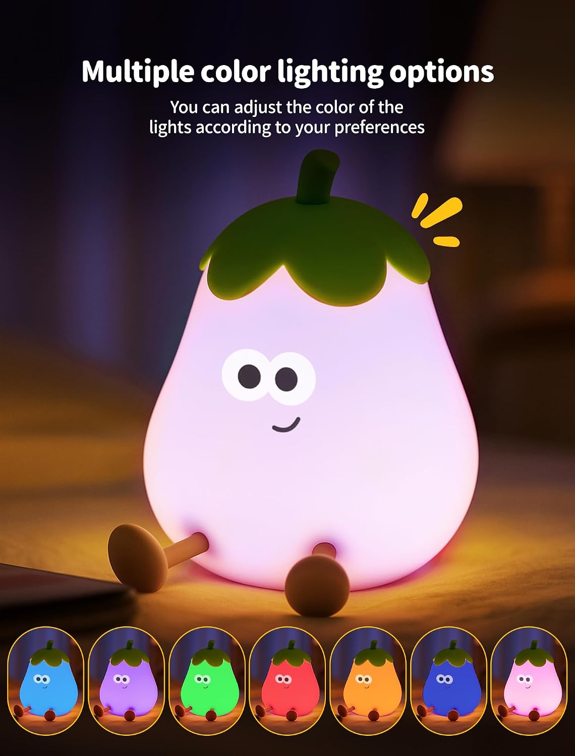 Detalle de Tarinks Eggplant Night Light, Rechargeable Silicone LED Lamp with 7 Colors