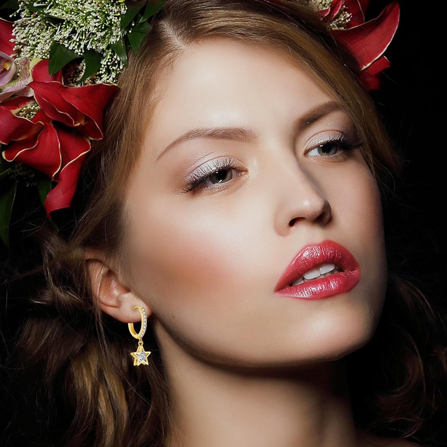 Detalle 2 de Josfeva 925 Sterling Silver Hanging Hoop Earrings with Zirconia Pendants (Star, Teardrop or Heart)