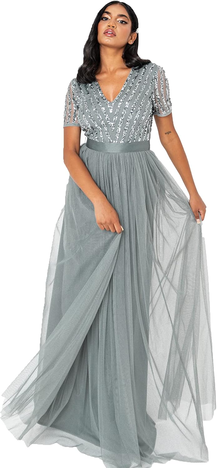 Detalle de Damen Ballkleid Abendkleid mit V-Ausschnitt, Maxi-Länge & Pailletten – ideal als Hochzeitsgast