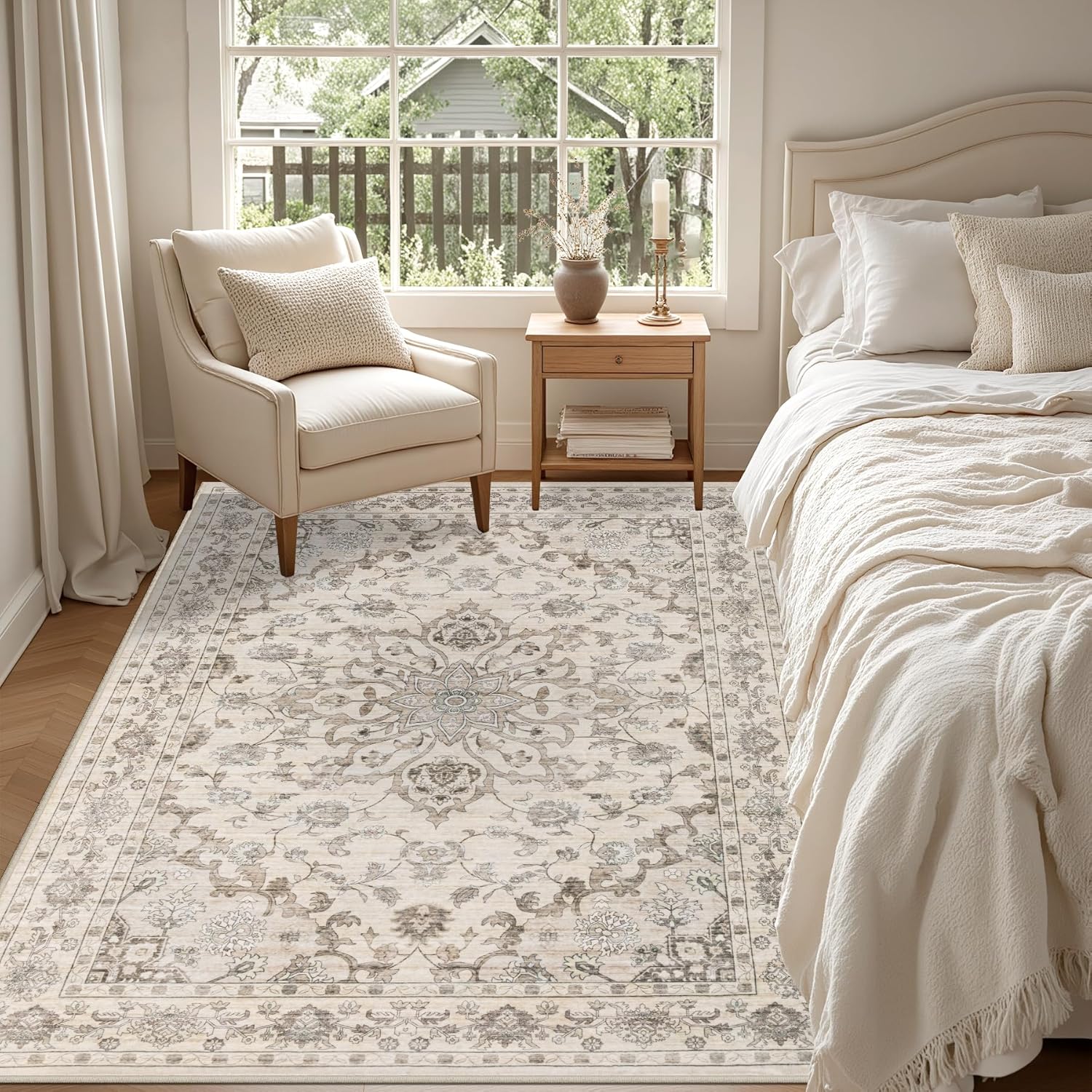 Thumbnail 3 de ExpediX 5x7 Washable Vintage Distressed Floral Area Rug (Non-Slip, Stain Resistant) for Living Room, Bedroom, and More