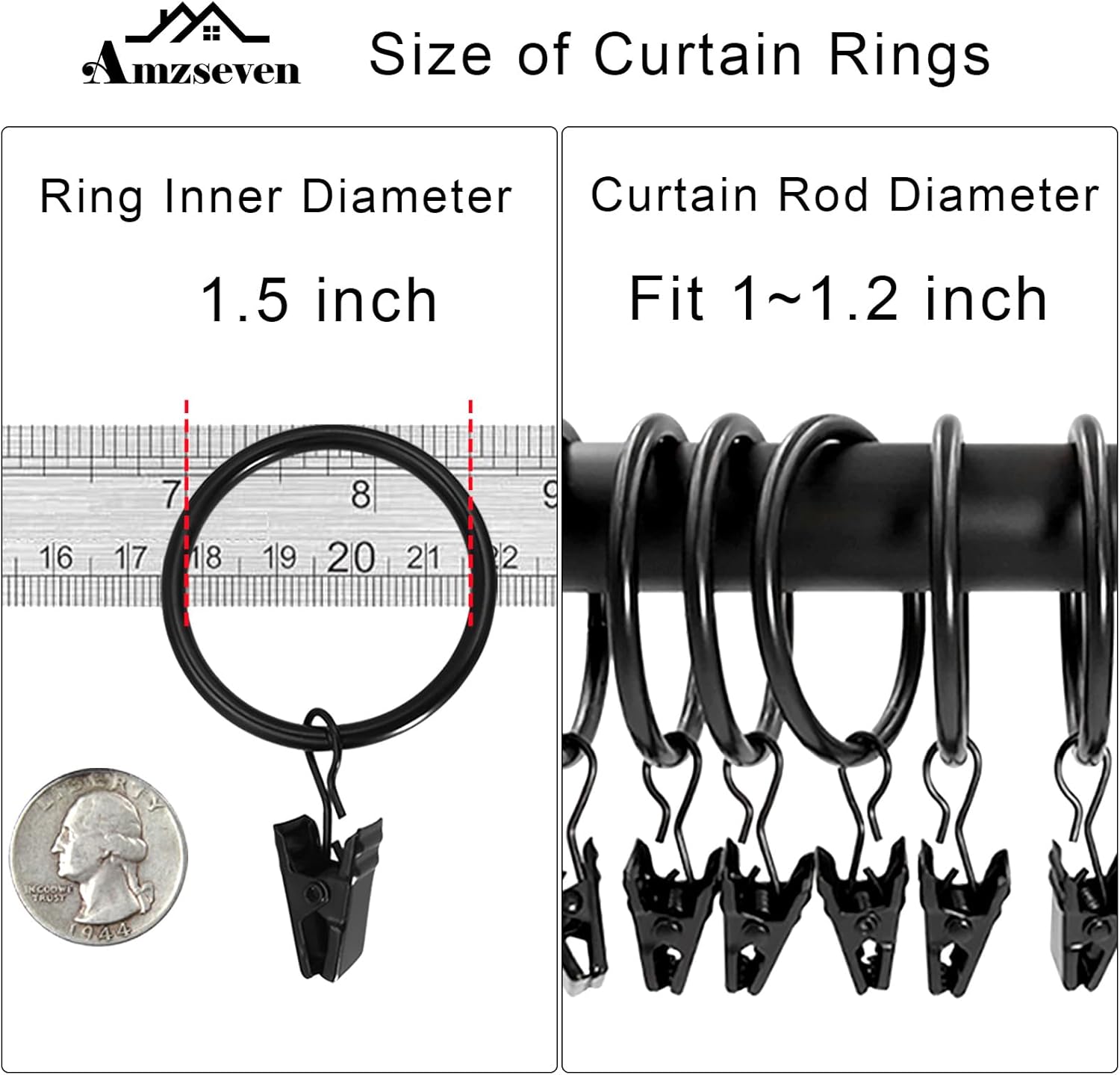 Detalle de AMZSEVEN 40-Pack Metal Curtain Rings with Clips 1.5 in 🪟