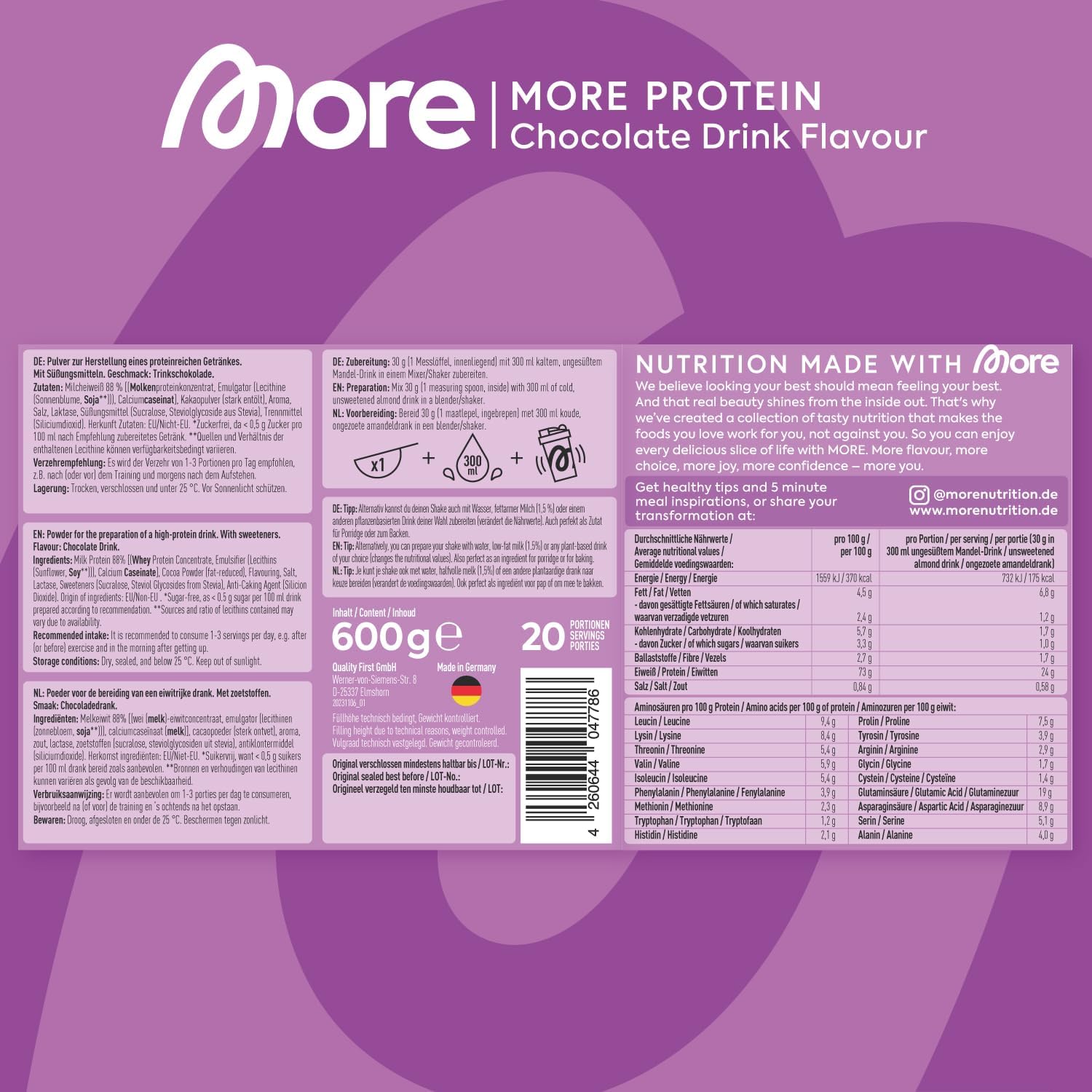 Thumbnail 3 de MORE Protein Trinkschokolade 600 g Proteinpulver 🍫