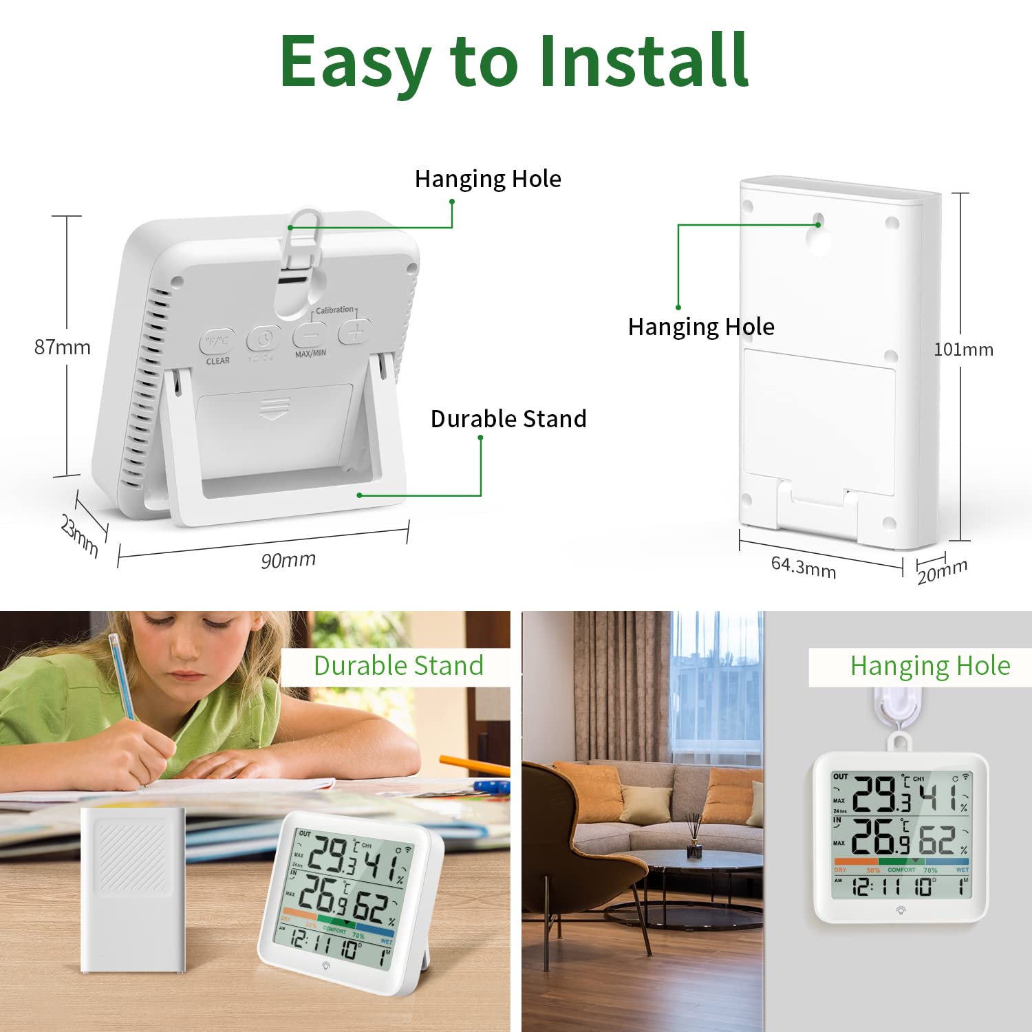 Detalle de VOCOO Termoigrometro wireless digitale per interno ed esterno con 1 sensore remoto, retroilluminazione e sensore IP43