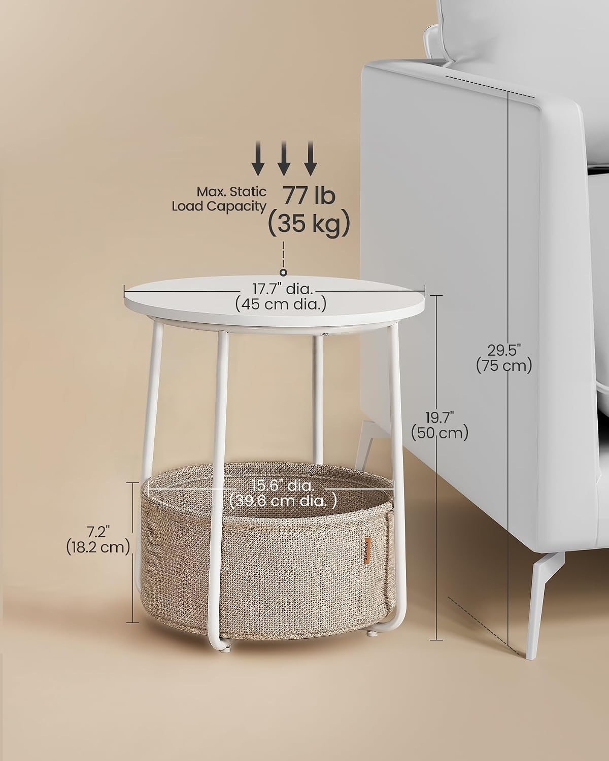 Detalle de VASAGLE ULET223W10 LILEA Round Side Table with Fabric Basket, Matte White