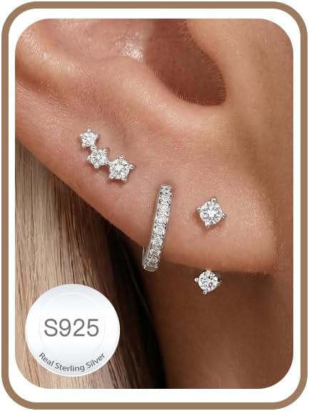 Thumbnail 6 de 3 Paar Ohrringe Silber 925 Set für Damen – Hypoallergen, Zirkonia-Besatz, vielseitig kombinierbar