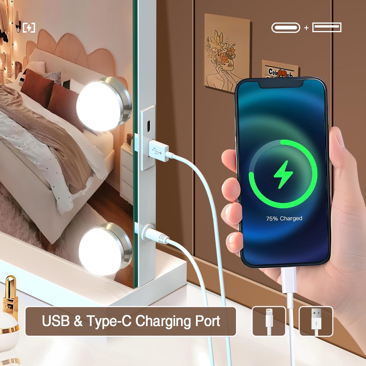 Detalle de halumao Hollywood Vanity Mirror with Lights (58 x 48 cm) with 3 light modes, smart touch control and USB/Type-C outputs