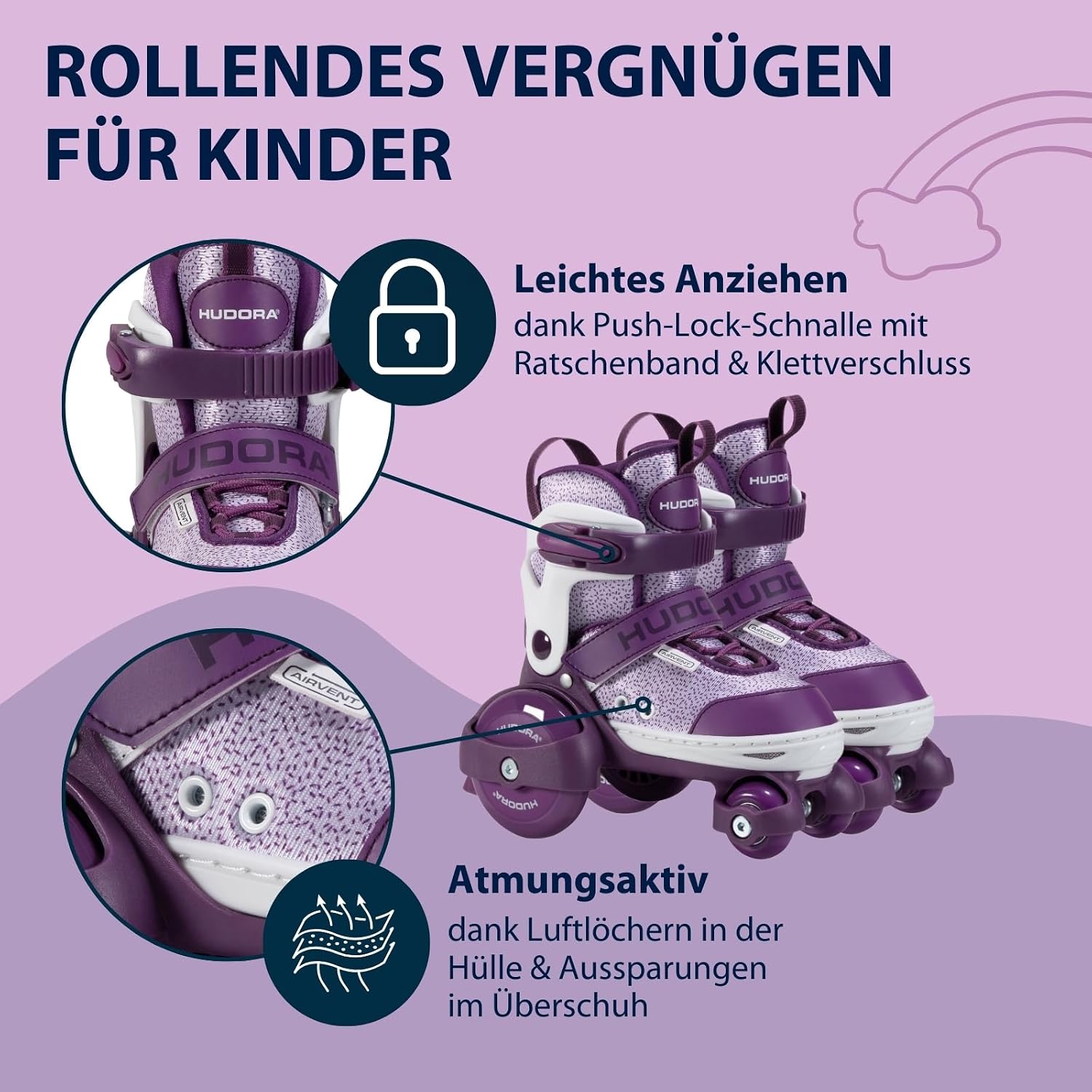 Detalle 2 de HUDORA Rollschuh „My First Quad“ (Größe 26–29) – Lavender – einsteigerfreundliche verstellbare Kinder-Rollschuhe bis 20 kg