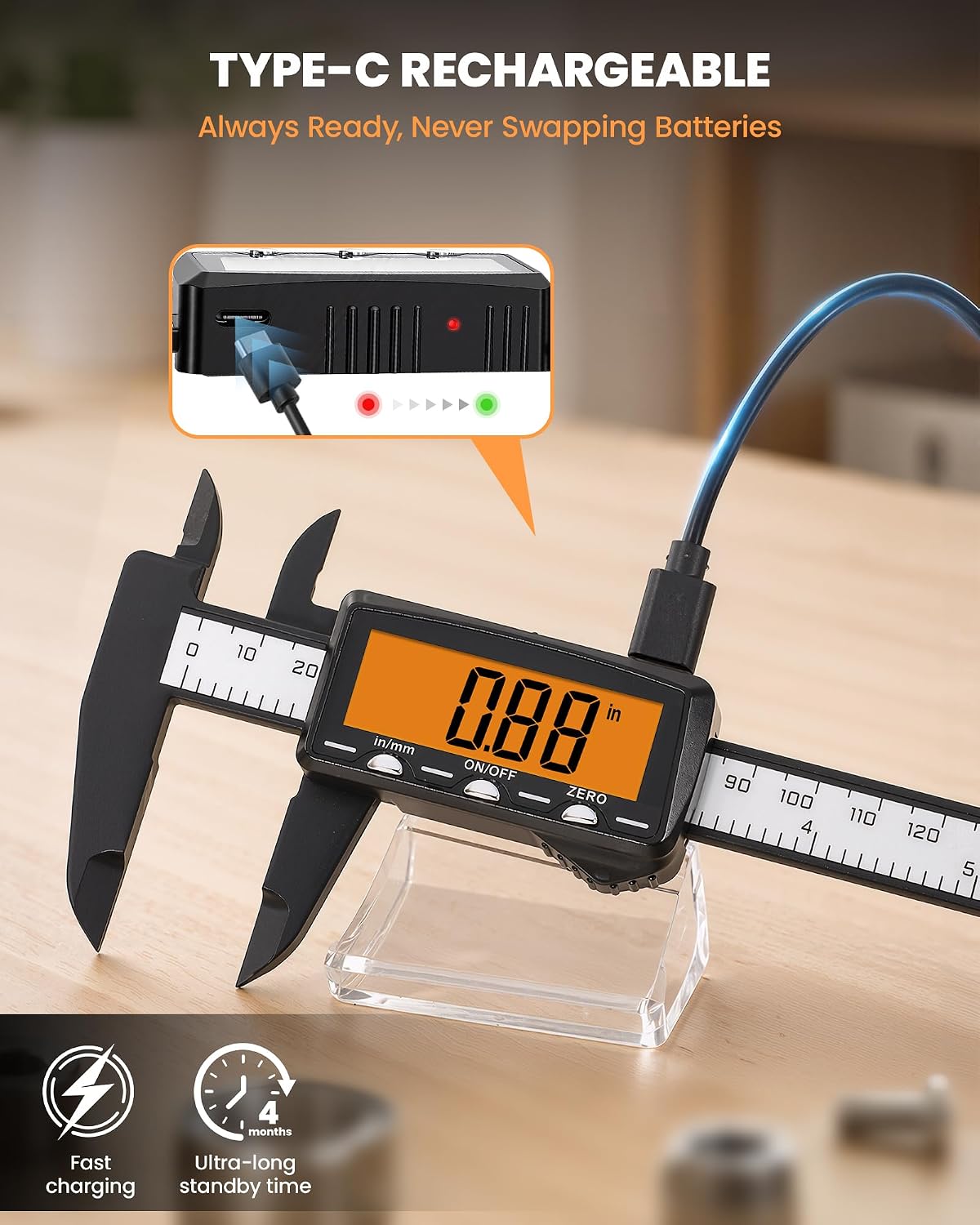 Thumbnail 1 de HARDELL Plastic Rechargeable Digital Caliper — 6" with Orange Screen, USB-C Rechargeable, Inch/mm