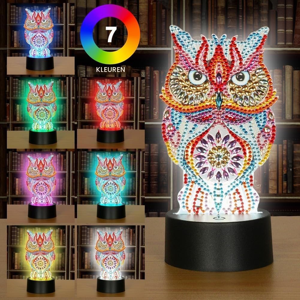 Thumbnail 2 de AUAUY Diamond Painting Uil-nachtlampje, DIY-set met 5D-diamanten en 7 lichtkleuren